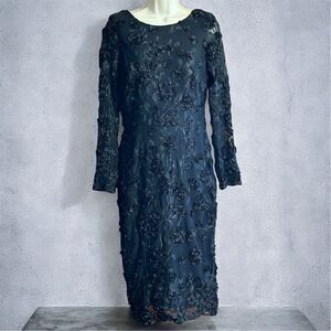 Aqua Formal Elegant Black Rose Floral Ribbon Embroidered Midi Gown Dress